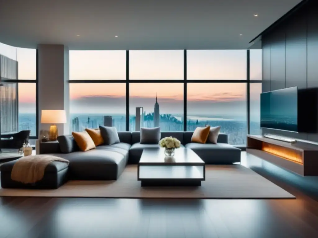 Sofisticado salón moderno con vista panorámica a la ciudad Un elegante salón moderno con vistas panorámicas a la ciudad