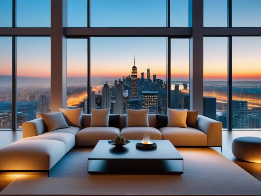 Salón de lujo en rascacielos: vista panorámica al anochecer Un elegante salón en un rascacielos con vista panorámica al atardecer