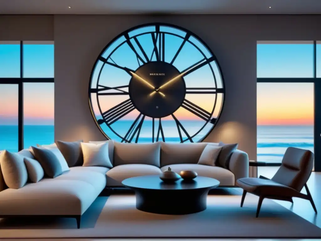 Salón moderno de lujo con reloj gigante detenido en el tiempo Un elegante salón con reloj detenido en 'Contratos tiempo compartido propietario'