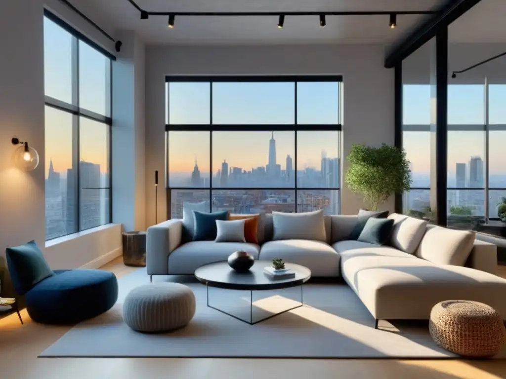 Salón urbano moderno: sofisticación y confort en 8k Un elegante salón urbano renovado con detalles modernos