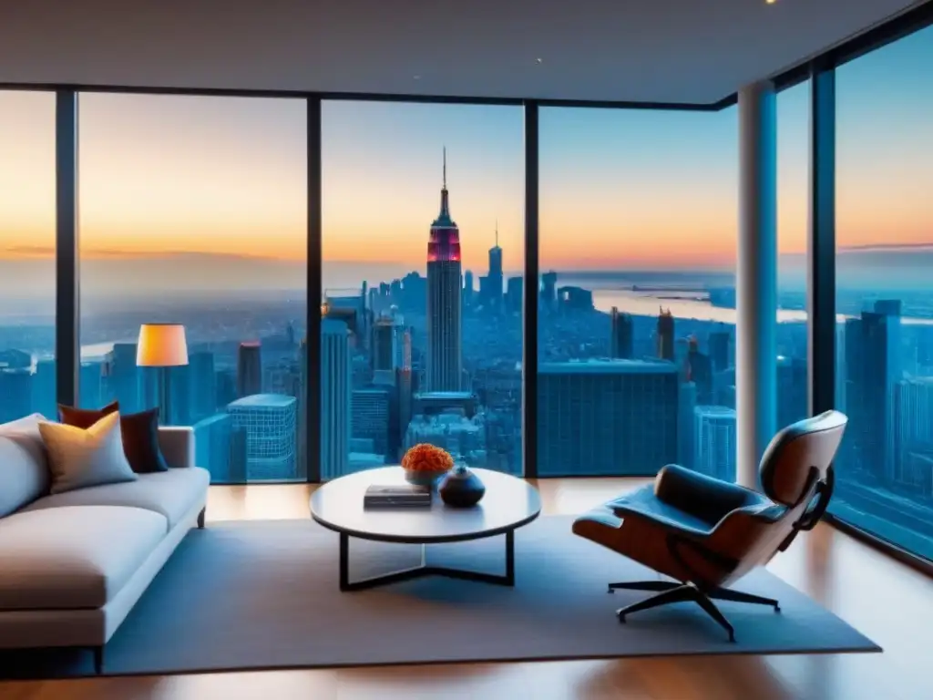 Penthouse de lujo con vista a la ciudad: diseño contemporáneo y elegante Elegante salón de penthouse con vistas a la ciudad, muebles modernos y arte vibrante