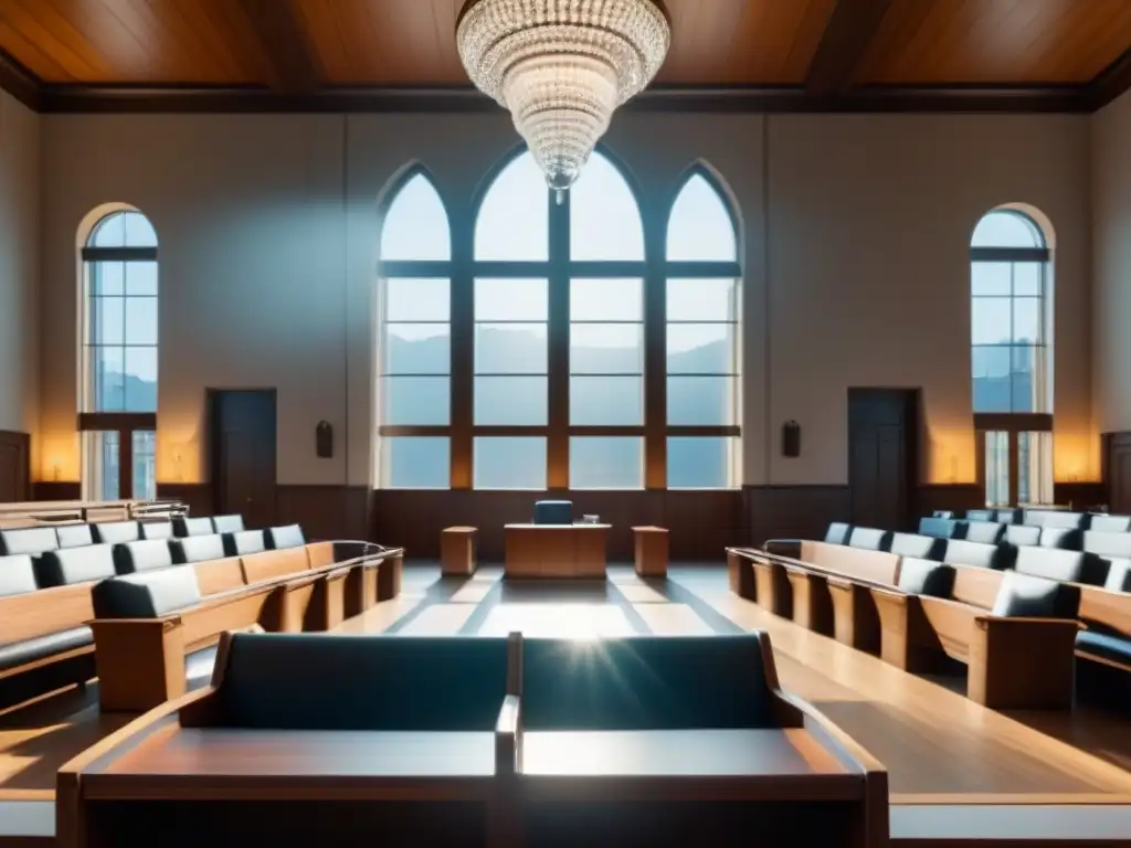 Moderno tribunal con detalles ultra definidos en 8k Un elegante tribunal moderno con detalles arquitectónicos resaltados por la luz del sol, ideal para litigios por defectos de propiedad