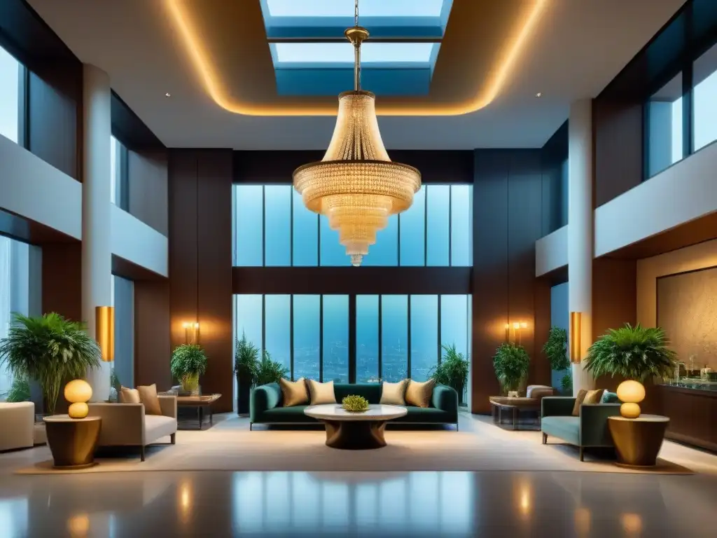 Lobby de hotel de lujo con chandelier deslumbrante y moderno Un elegante vestíbulo de hotel con ambiente lujoso y confortable, ideal para invertir en hoteles internacionales rentables