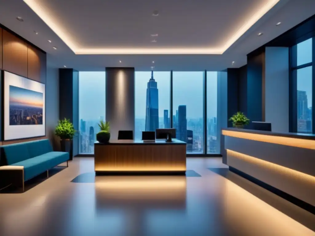 Oficina inmobiliaria moderna de lujo con diseño contemporáneo y elegante Un elegante vestíbulo de oficina inmobiliaria moderna con técnicas de persuasión visual para leads inmobiliarios