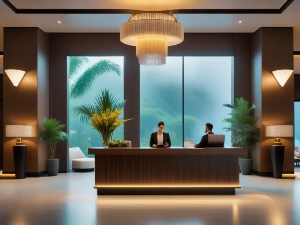 Recepción de lujo para vender tu timeshare Un elegante vestíbulo de resort con decoración lujosa y un conserje