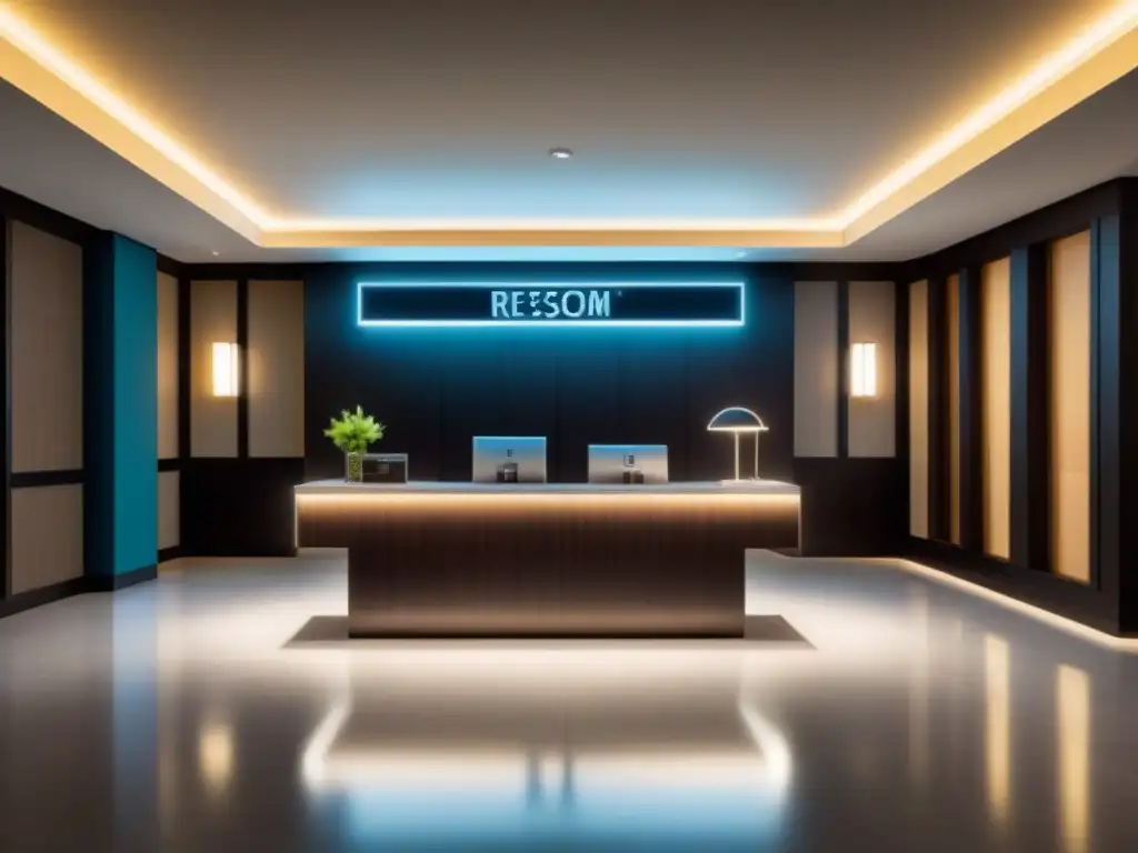 Vanguardia en lobby de resort: lujo y sofisticación compartida Un elegante vestíbulo de resort con escritorio de conserjería, lujosos muebles y un gran reloj digital en la pared