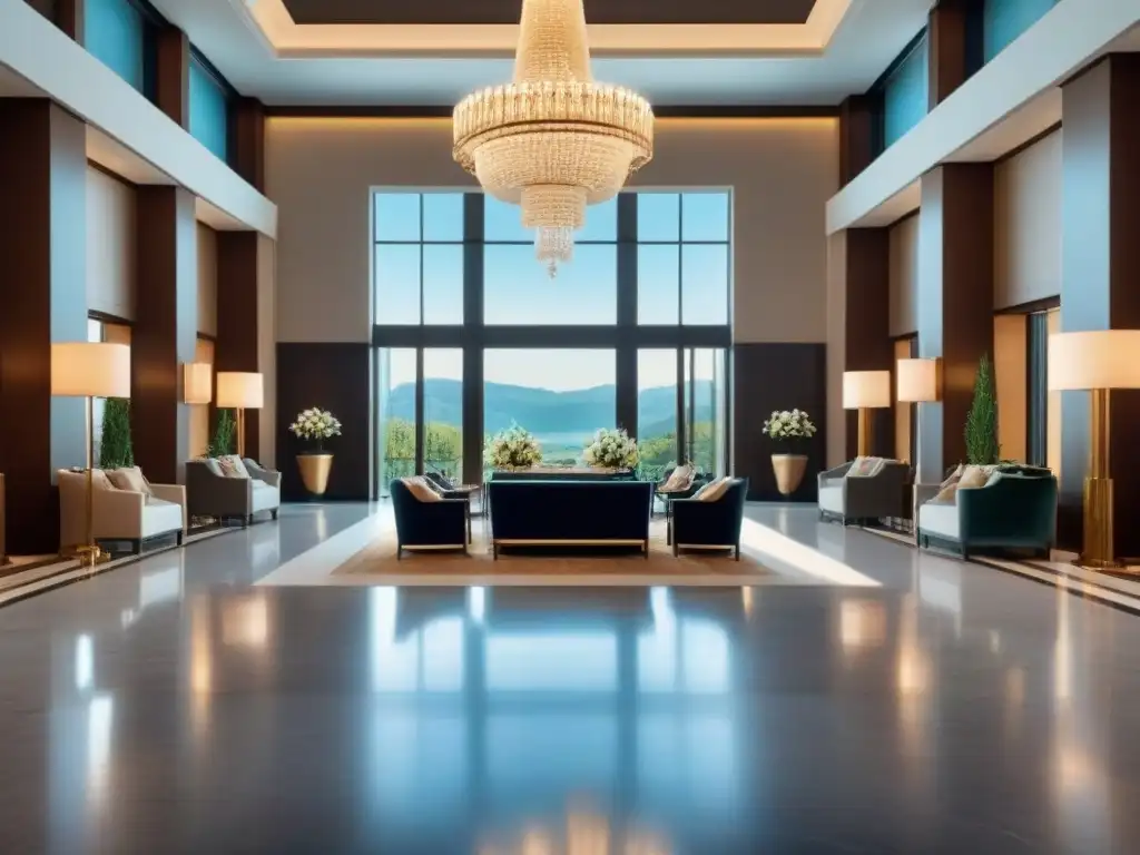 Elegante lobby de resort moderno con detalles lujosos Un elegante vestíbulo de resort de lujo con suelos de mármol, un imponente candelabro y cómodos sofás de terciopelo