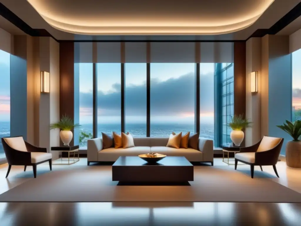 Exclusivo lobby de resort: lujo y elegancia en un ambiente sofisticado Un elegante vestíbulo de resort de lujo con mobiliario contemporáneo y decoración elegante