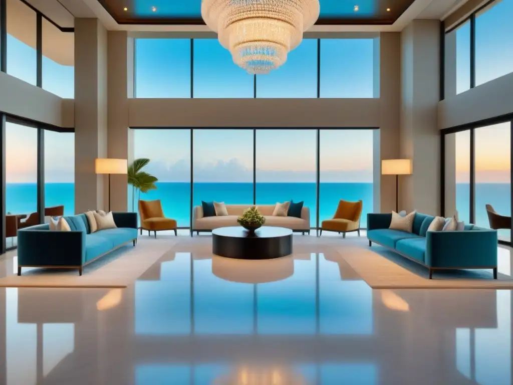 Lobby de resort de lujo: diseño elegante con vista al mar Un elegante vestíbulo de resort de lujo con detalles opulentos y vista al mar, ideal para técnicas persuasión compradores tiempo compartido