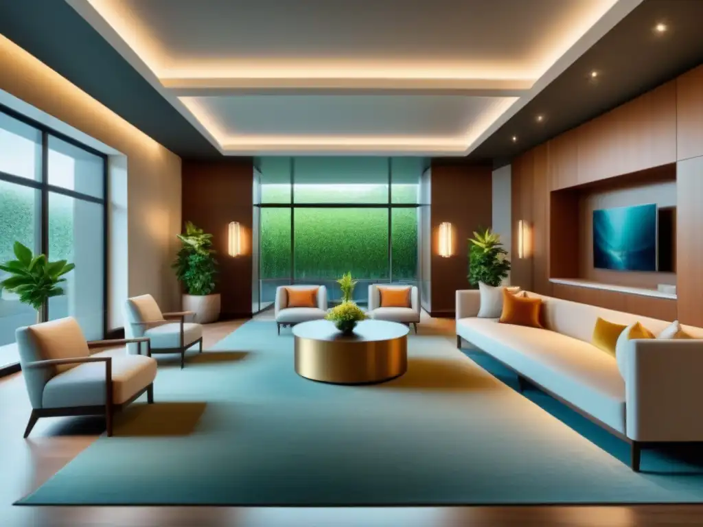 Vanguardia en hospitalidad: lobby 5 estrellas Un elegante vestíbulo de resort con mobiliario sofisticado y decoración moderna, estratégicamente diseñado para maximizar comodidad y espacio