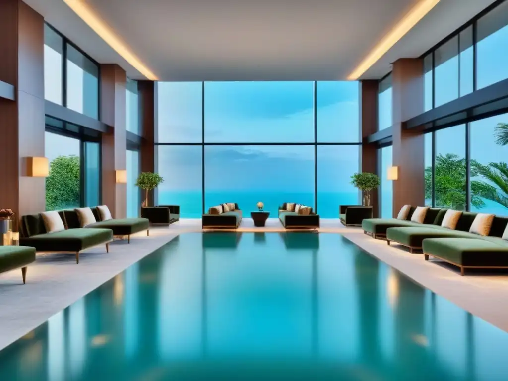 Exclusivo lobby de resort con arte moderno y piscina infinita Un elegante vestíbulo de resort con suelos de mármol, arte contemporáneo y zonas de estar de terciopelo