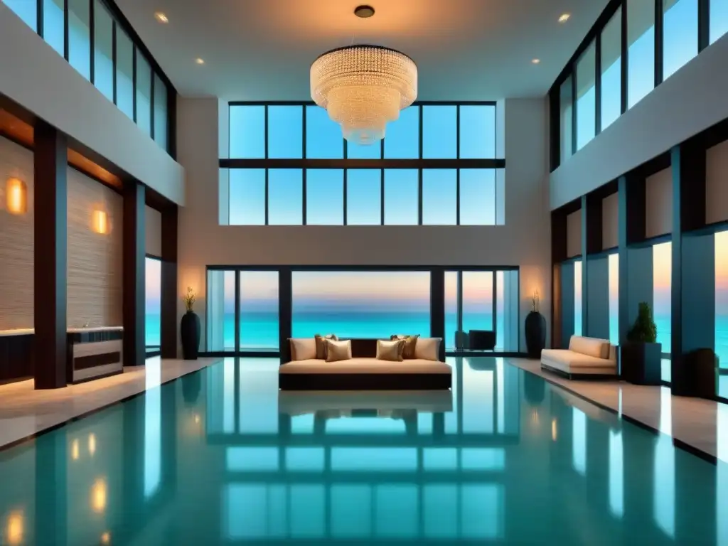 Recepción de lujo en resort: sofisticación frente al mar Un elegante vestíbulo de resort con suelos de mármol, muebles contemporáneos y una impresionante lámpara colgante