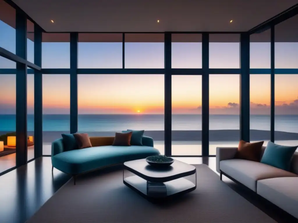 Elegante villa frente al mar con ventanales y atardecer sobre el océano, destacando el marketing inmobiliario internacional temporada baja