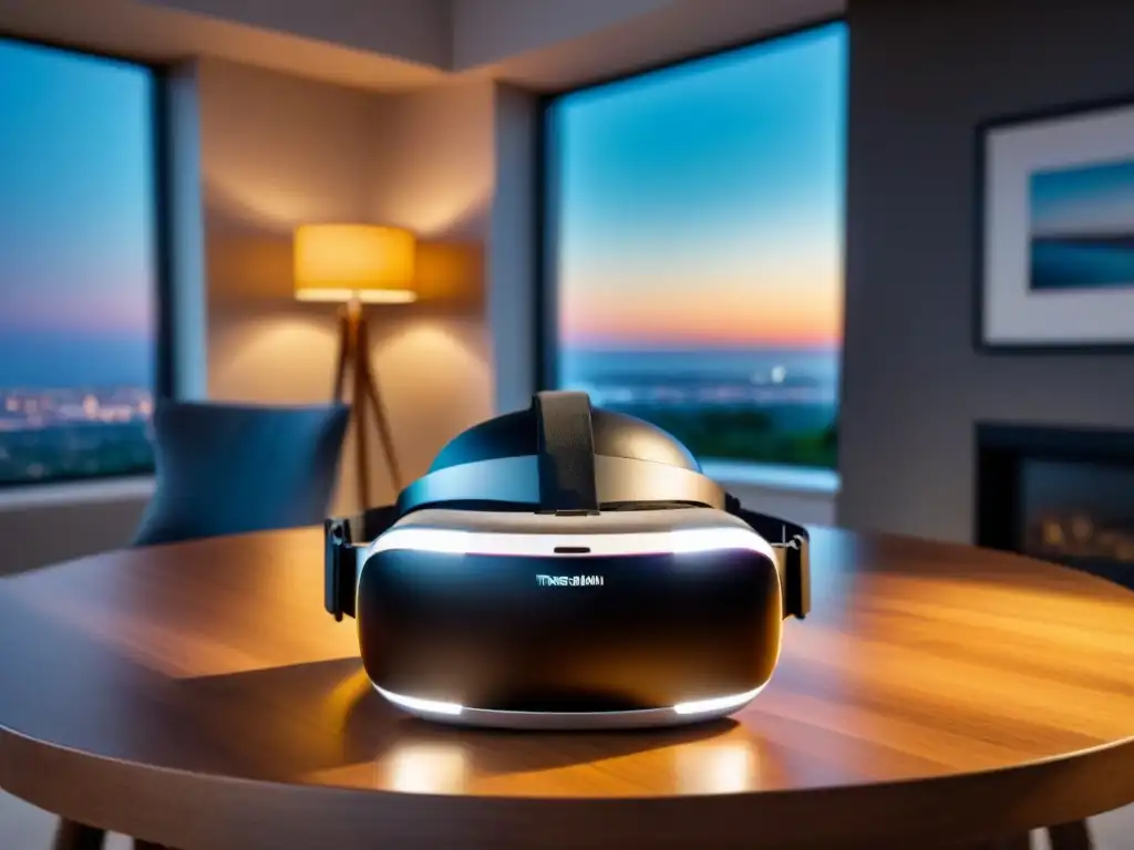 Experiencia inmersiva de lujo: tour virtual en casas de alta gama Un elegante visor de realidad virtual en un escritorio de madera, con un tour virtual de lujo en el mercado inmobiliario