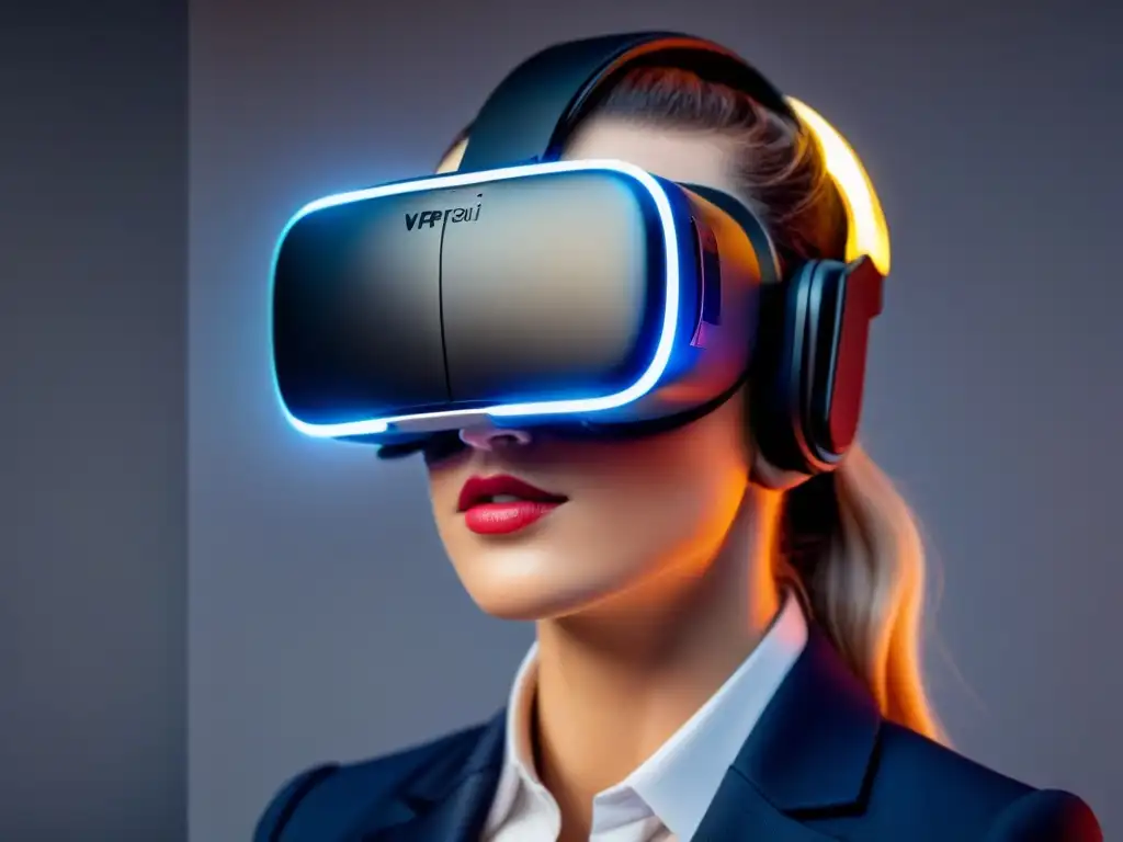 Realidad virtual: diseño futurista de headset en alta resolución Un elegante visor de realidad virtual en un fondo futurista, iluminado con una luz ambiental