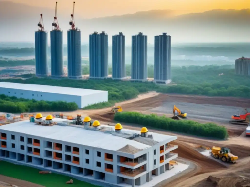Complejo residencial en construcción: obra en progreso Emocionante desarrollo de propiedades multifamiliares con trabajadores, maquinaria y planos, en contraste con la ciudad