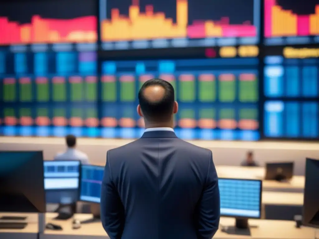 Escena frenética de la bolsa de valores: inversores, acciones y decisiones estratégicas Un emocionante escenario de la Bolsa, con traders, pantallas y precios de acciones en tiempo real