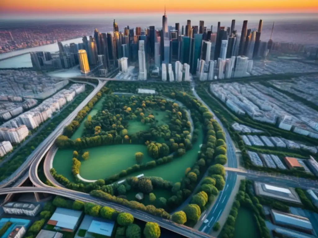 Metrópolis en crecimiento: luces y sombras al atardecer Un emocionante paisaje urbano al atardecer con rascacielos, áreas verdes y oportunidades inversión mercado inmobiliario internacionales
