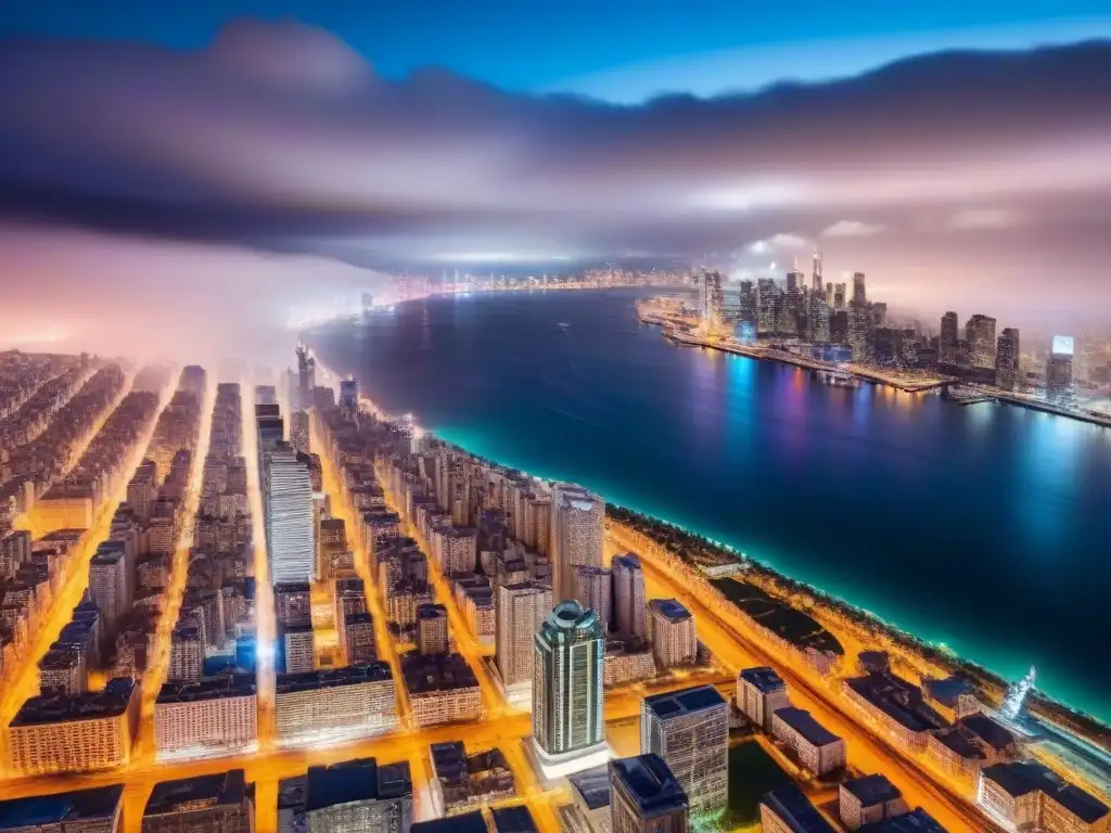 Espectacular panorama nocturno de ciudad moderna y dinámica Un emocionante paisaje urbano nocturno con rascacielos iluminados y luces de la ciudad, ideal para Consejos optimización listados Airbnb internacional