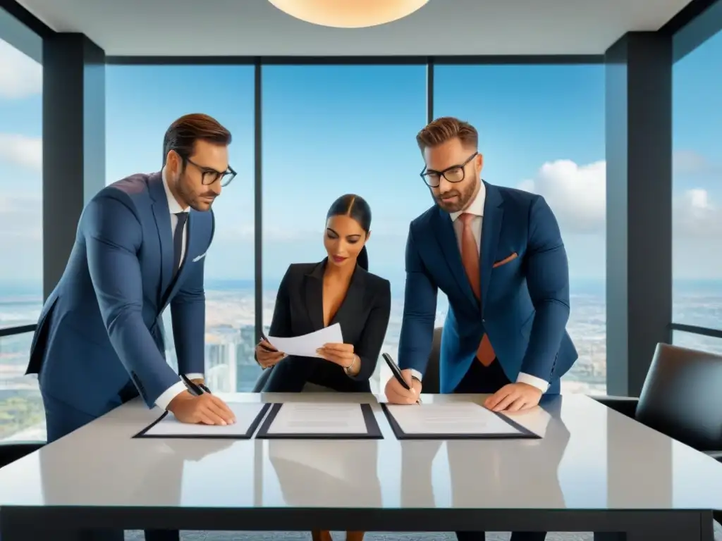 Renovación de multipropiedad: firma de contrato en oficina moderna Emotiva renovación de tiempo compartido en elegante oficina con vista urbana, abogado, agente inmobiliario y pareja firmando documentos