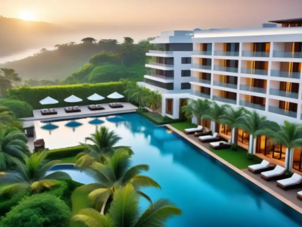 Resort de lujo: arquitectura moderna en un paraíso verde Empresa gestión propiedad tiempo compartido: Vista aérea de complejo lujoso con arquitectura moderna, piscinas y naturaleza exuberante