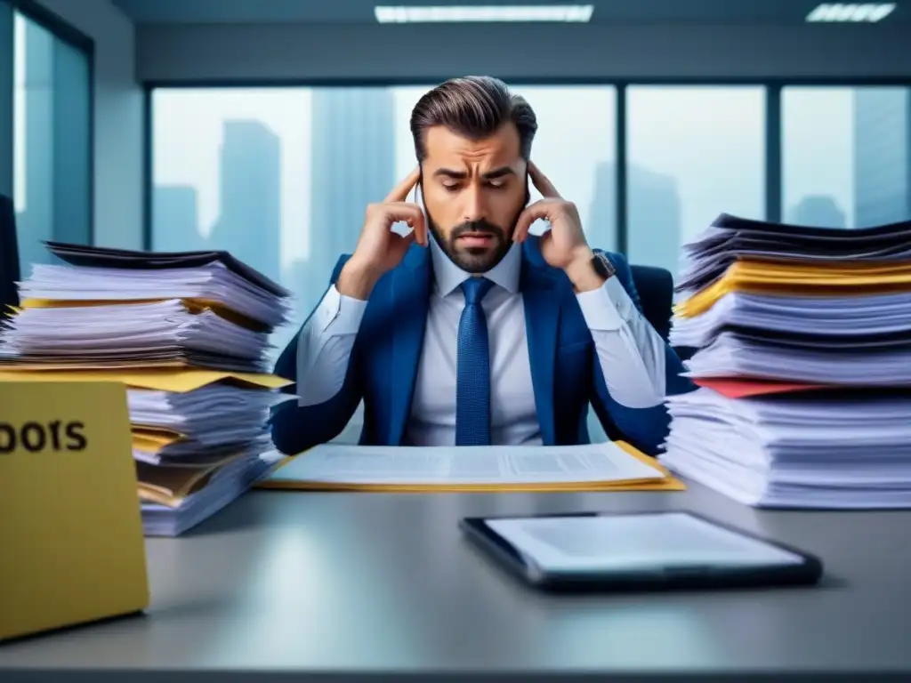Consecuencias fiscales: empresario abrumado por papeleo en oficina moderna Un empresario estresado entre papeleo y calculadoras, reflejando las regulaciones fiscales en inversiones inmobiliarias