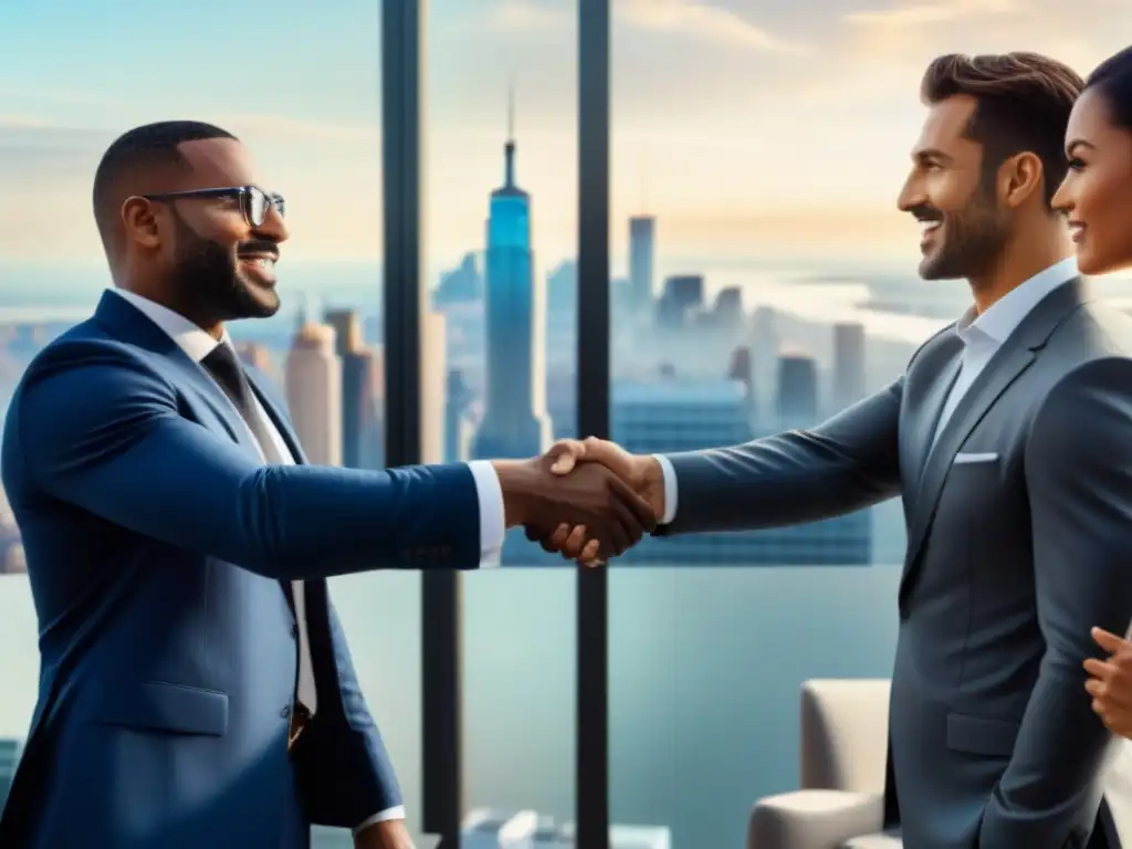 Acuerdo de negocios en oficina moderna con ciudad en el horizonte Empresarios exitosos firmando acuerdo en oficina moderna con vista panorámica a la ciudad