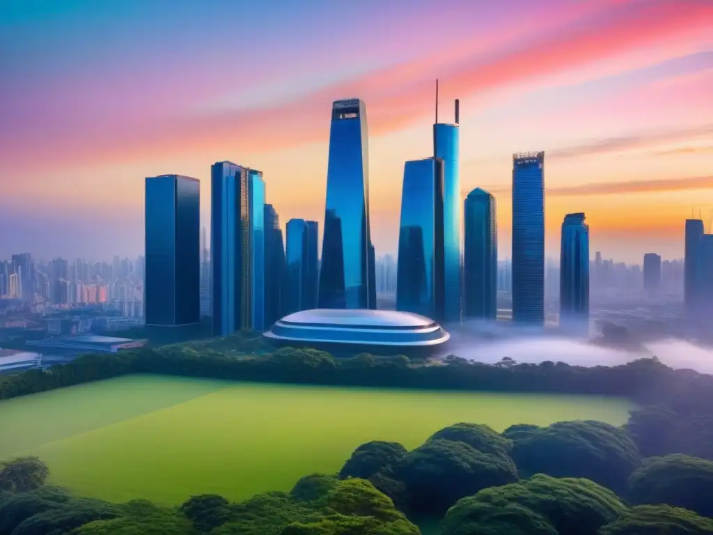 Horizonte urbano en mercado emergente: innovación y colaboración global Empresas globales transformando mercados emergentes: ciudad vibrante con rascacielos, profesionales en reunión y atardecer colorido