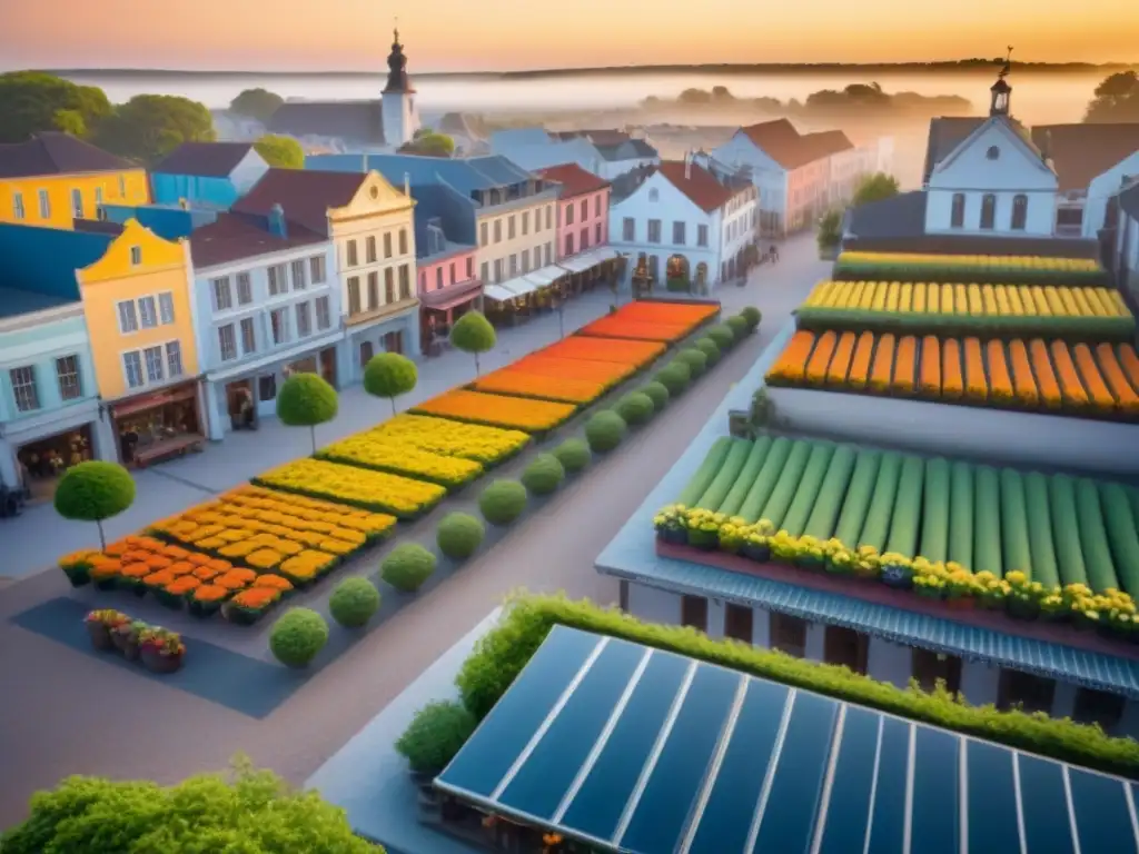 Renacimiento dorado: Amanecer en pueblo histórico con toques modernos Un encantador amanecer en un pueblo pequeño, con coloridas fachadas y calles empedradas