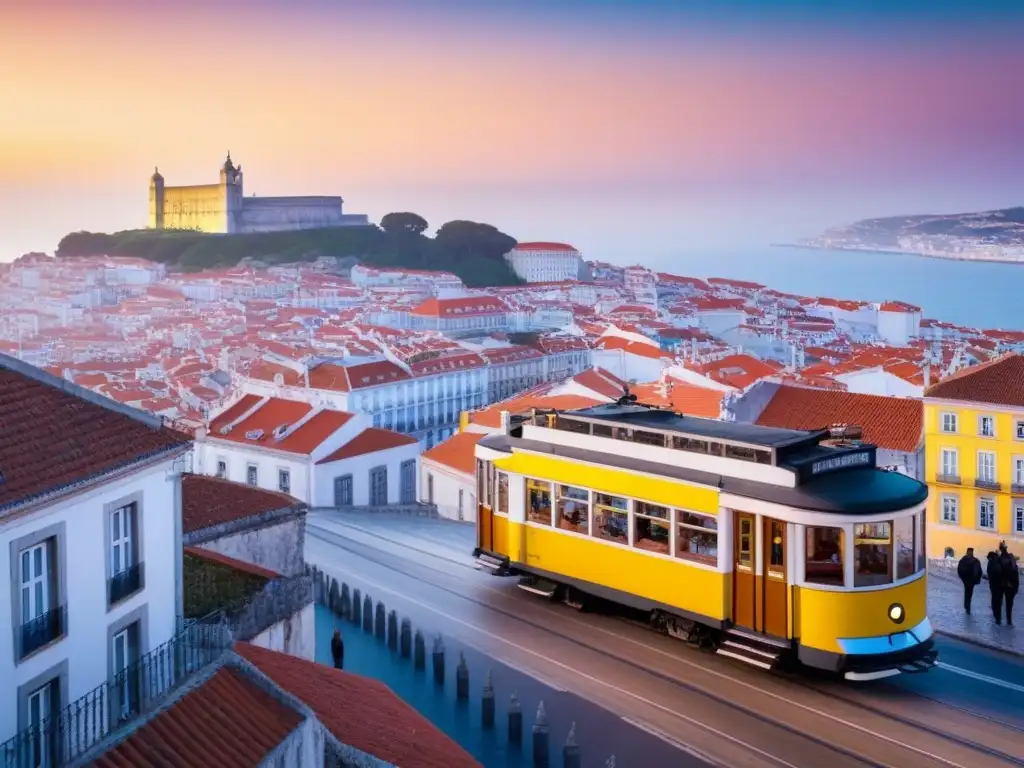 Espléndido atardecer en Lisboa: fusión de historia y modernidad El encantador renacimiento urbano de Lisboa: atardecer dorado iluminando historia y modernidad, reflejos del río Tajo y vida bulliciosa en la ciudad