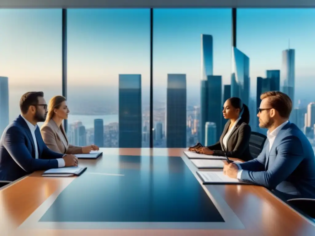 Inversores internacionales revisan regulaciones inmobiliarias globales Un encuentro de inversionistas inmobiliarios internacionales revisando normativas de seguridad en una oficina moderna con vista a la ciudad
