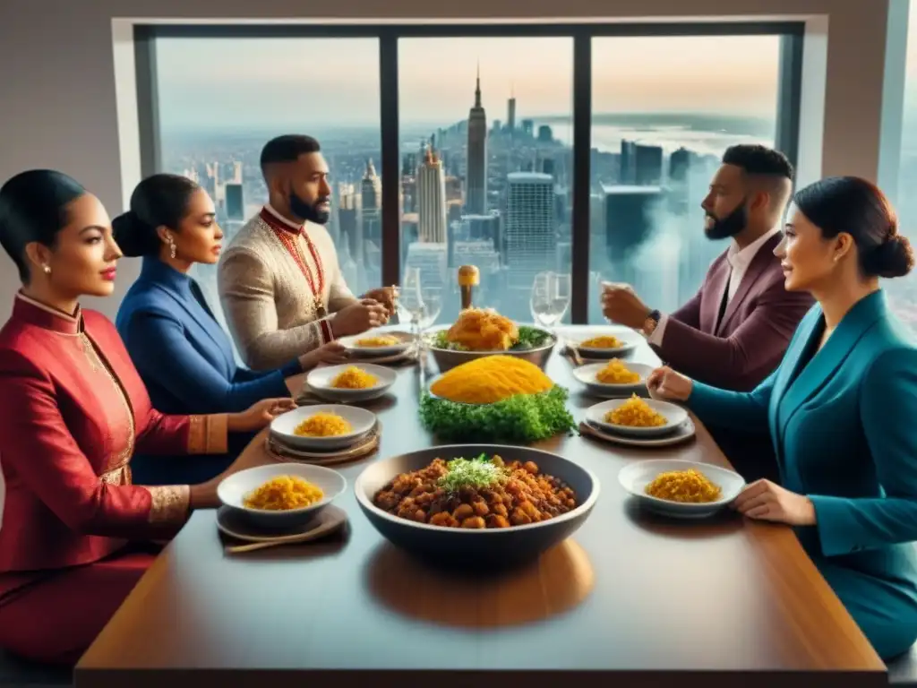 Encuentro multicultural en alta definición: diversidad en armonía Un encuentro multicultural en un comedor moderno con vista panorámica de la ciudad
