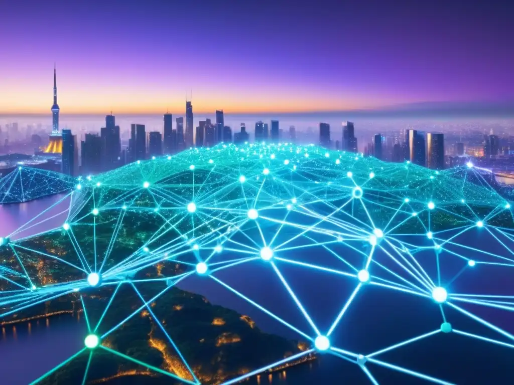 Red de blockchain vibrante: Financiamiento sostenible Un enredo de nodos blockchain brillantes conectados en una red, simbolizando la innovación de la tecnología blockchain en financiación de proyectos