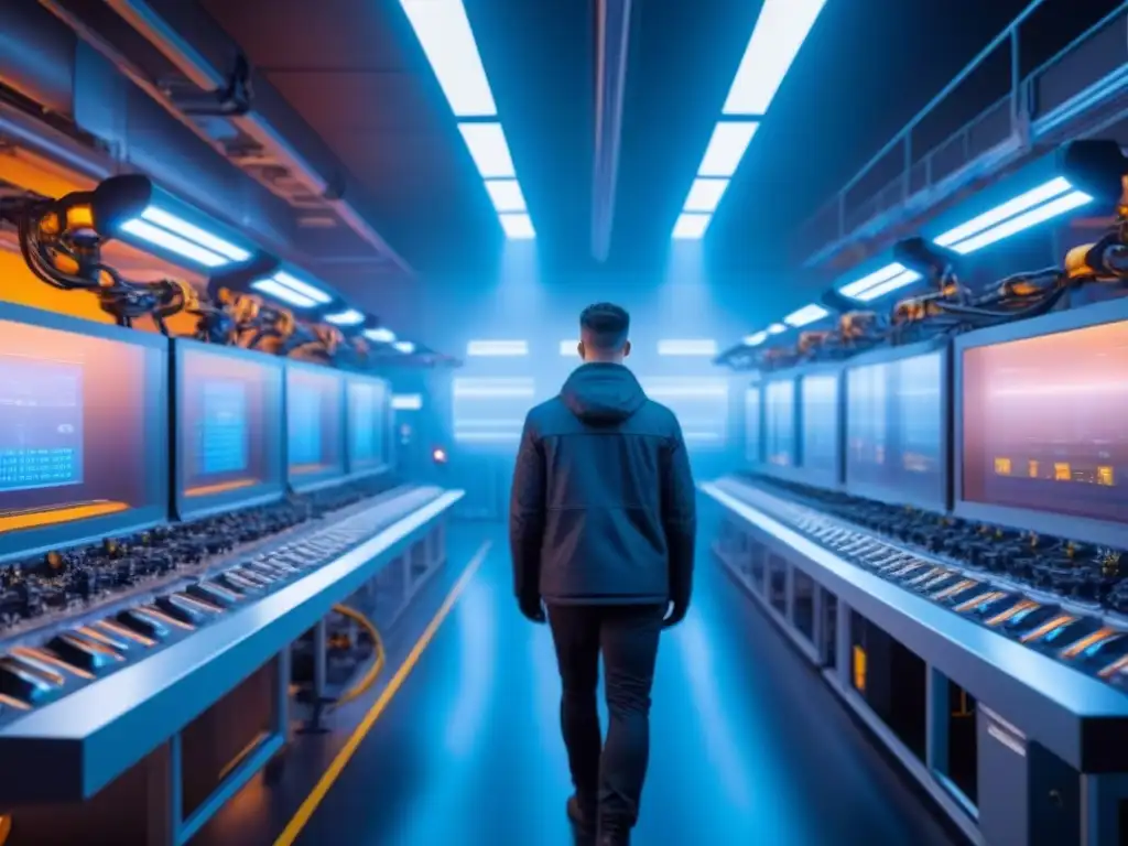 Instalación futurista con IA y robots en mantenimiento predictivo Un entorno industrial futurista con IA realizando mantenimiento predictivo en maquinaria, iluminado en azul