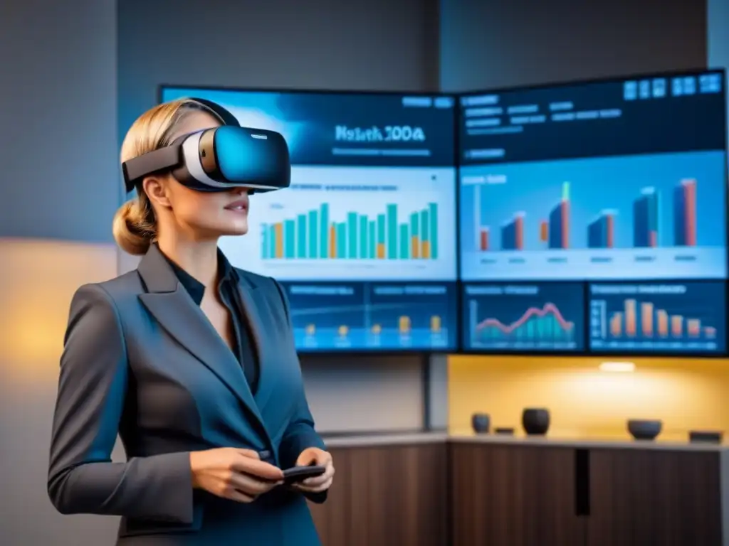 Análisis inmobiliario 3D en VR: tecnología avanzada en oficina moderna Un entorno de oficina moderna con auriculares de realidad virtual futuristas y plataformas de inteligencia de mercado inmobiliario avanzadas