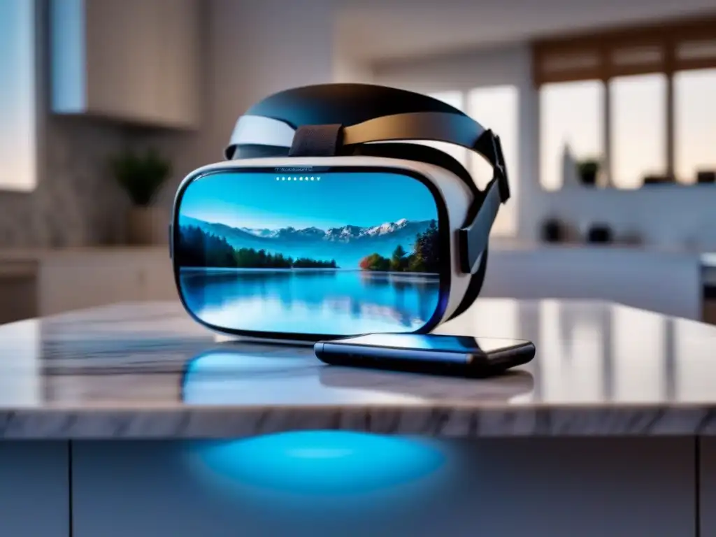 Realidad virtual y tecnología futurista en mármol blanco Un entorno tecnológico sofisticado con herramientas IA para inversionistas inmobiliarios