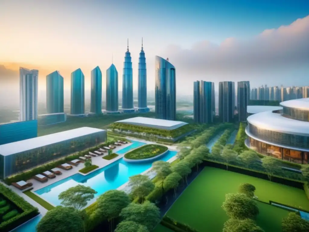 Desarrollo inmobiliario internacional: lujo, innovación y conectividad global Un entorno urbano innovador y lujoso con paisajes verdes, edificios modernos y amenidades de vanguardia