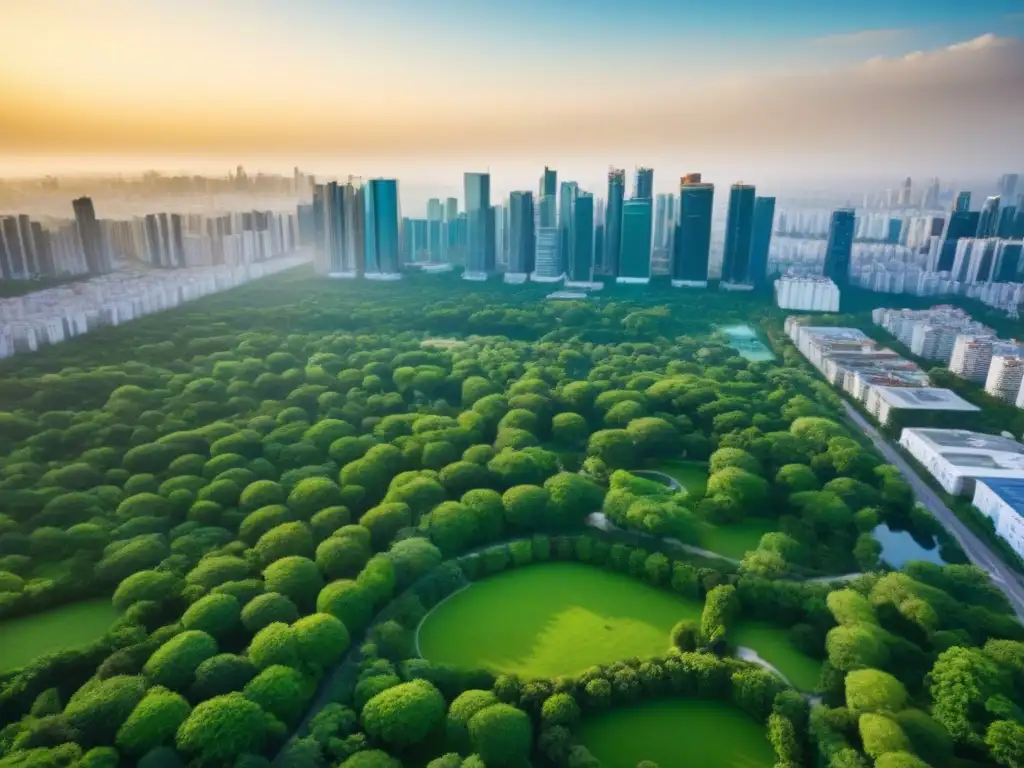 Cityscape: Integración armónica de áreas verdes en metrópolis vibrante Un entorno urbano vibrante se fusiona con parques verdes, realzando los beneficios de zonas verdes en el valor inmobiliario