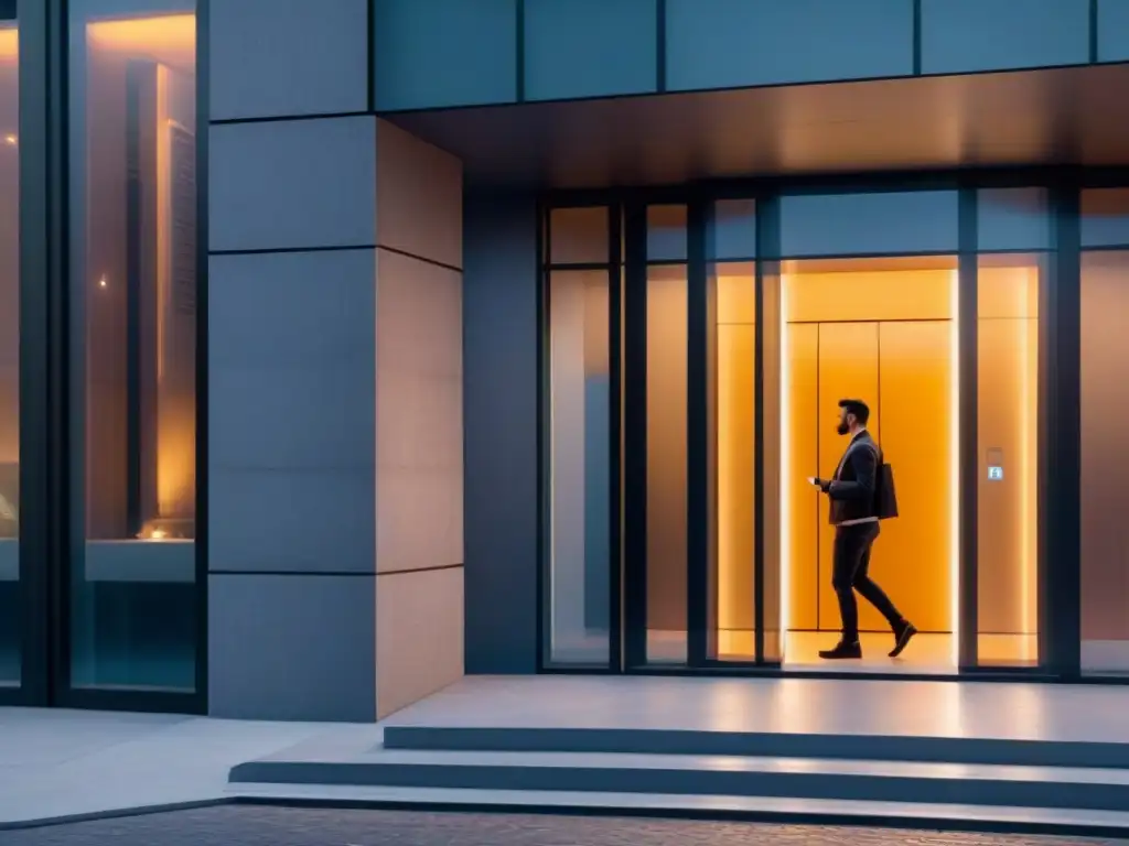 Entrada futurista con tecnología biométrica Entrada futurista de edificio con seguridad inmobiliaria con autenticación doble