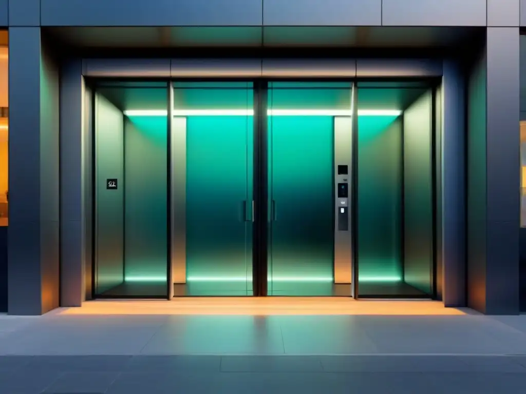Entrada futurista con puertas inteligentes de vidrio transparente Entrada futurista con puertas automáticas de reconocimiento de patrones, iluminación ambiental y diseño moderno