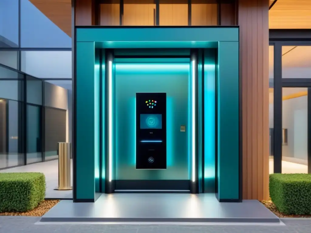 Entrada futurista con tecnología de reconocimiento facial avanzada Entrada futurista con sistemas reconocimiento facial accesos inmobiliarios, mostrando modernidad y seguridad