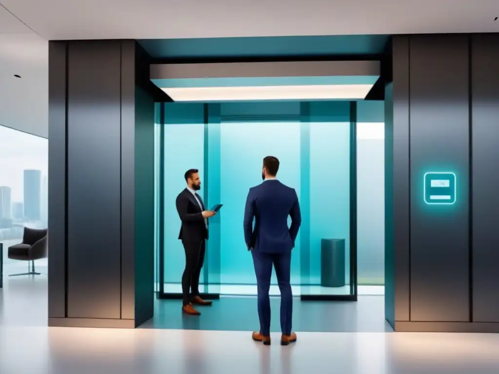 Entrada de edificio corporativo futurista con seguridad biométrica avanzada Entrada moderna de edificio corporativo con sistema de seguridad digital de autenticación doble