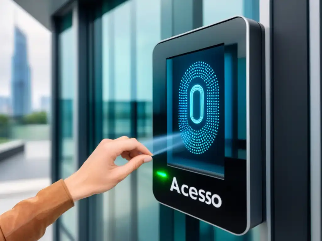Acceso seguro: Futurista sistema biométrico en edificio moderno Entrada de oficina moderna con sistema de autenticación biométrica y doble seguridad inmobiliaria