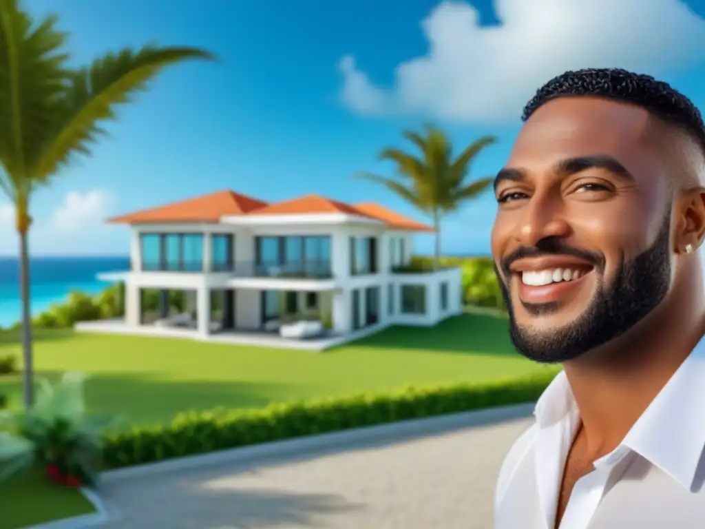 Inversión inmobiliaria: Extranjeros adquieren propiedad en el Caribe Entrega de llaves en villa caribeña a pareja sonriente: hipotecas para extranjeros en el Caribe