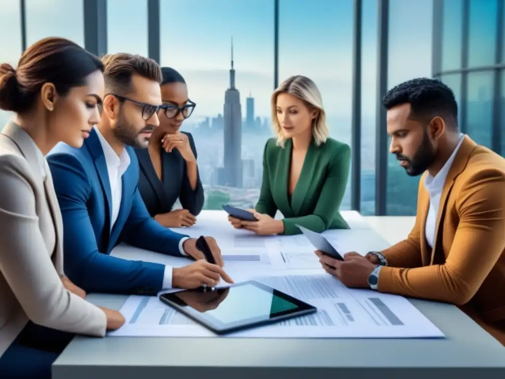 Equipo multidisciplinario diseñando proyecto sostenible en ciudad futurista Equipo de arquitectos y ingenieros planificando proyecto sostenible, rodeados de planos y materiales, en una ciudad futurista