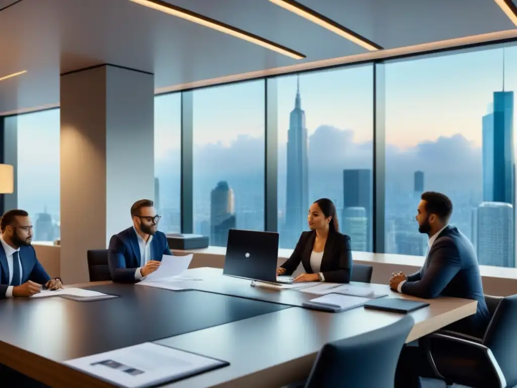 Equipo legal revisando contratos de reventa de multipropiedad en moderna oficina Equipo de asesores legales revisando contratos de reventa de tiempo compartido en moderna oficina con vista a la ciudad