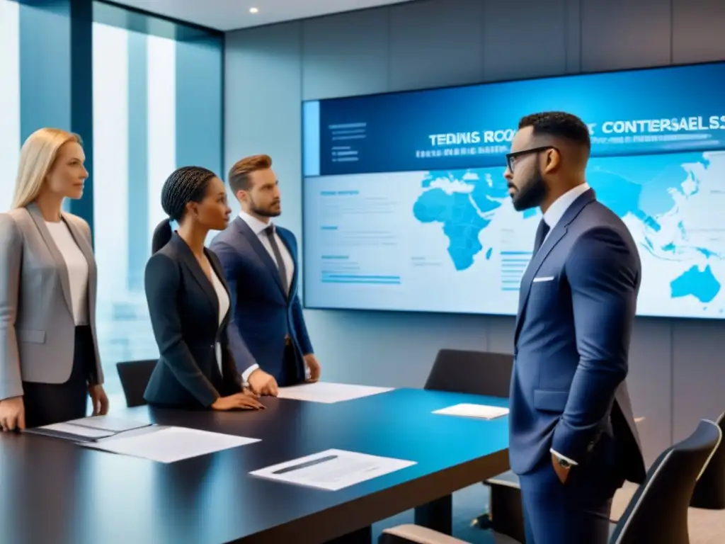 Profesionales discutiendo contratos en sala de reuniones futurista Equipo de asesores legales en reventa de tiempo compartido negociando contratos en oficina moderna y tecnológica