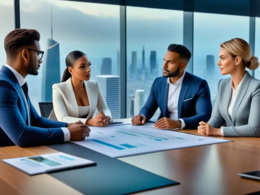 Equipo de consultores inmobiliarios especializados analizando datos en moderna sala de juntas con vista panorámica a la ciudad Equipo de consultoría evaluando riesgos en mercado inmobiliario en moderna sala con vista a la ciudad