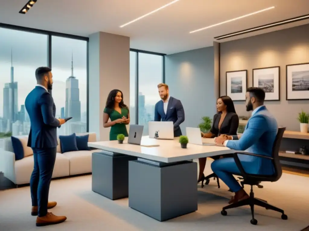 Agentes inmobiliarios millennial innovadores en oficina contemporánea Un equipo diverso de agentes inmobiliarios colaborando en una oficina moderna, rodeados de dispositivos digitales y planos arquitectónicos