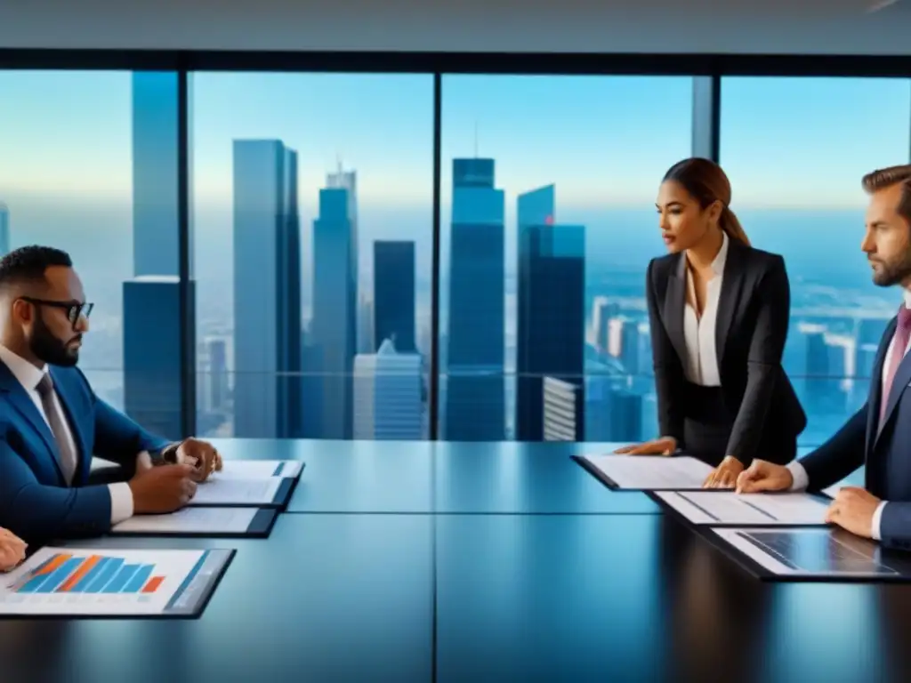 Analistas financieros expertos analizan REITs en moderna sala de reuniones Un equipo diverso de analistas financieros valora REITs en una sala moderna con vista a la ciudad